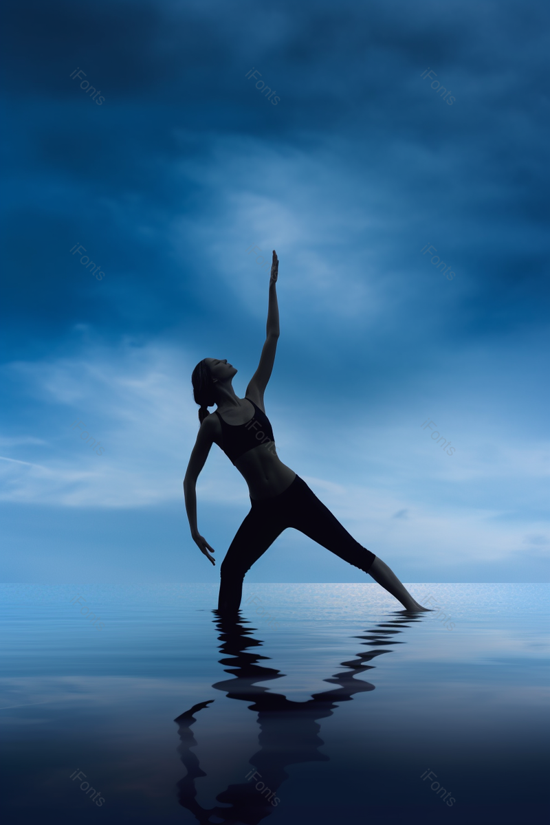 蓝色天空女人在水中手后仰一只手伸向天空瑜伽运动练习健身健康生活习惯实拍摄影图,高清,摄影图,摄影图片,图片大全,摄影图免费下载